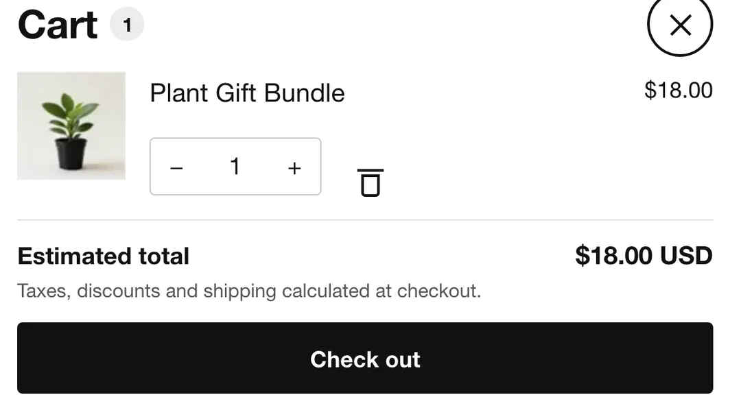 Illustration of a Shopify cart with one Plant Gift Bundle line at $18.00 and no breakdown of its parts