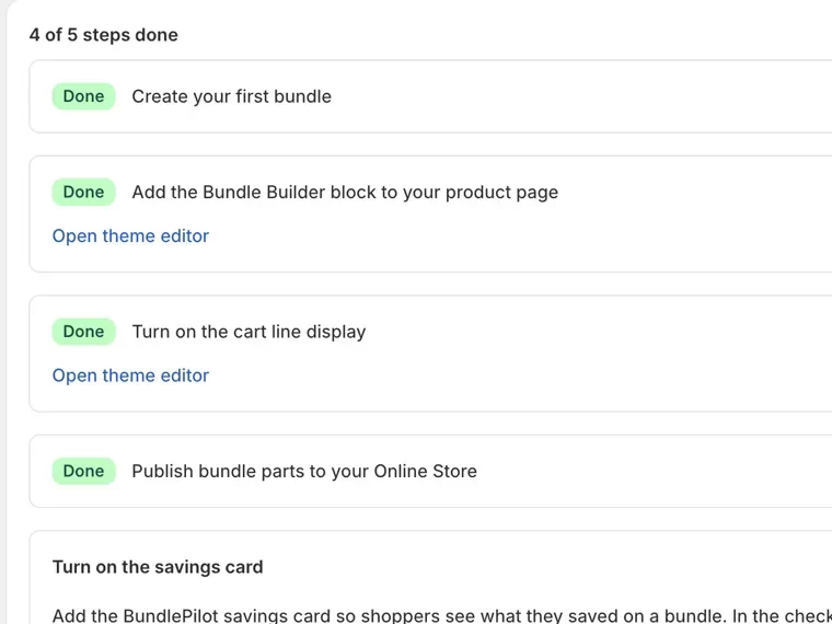 BundlePilot Setup page with 4 of 5 steps done, including Publish bundle parts to your Online Store